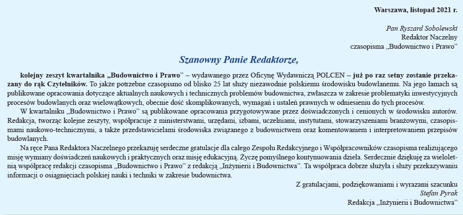 Inżynieria i Budownictwo list gratulacyjny